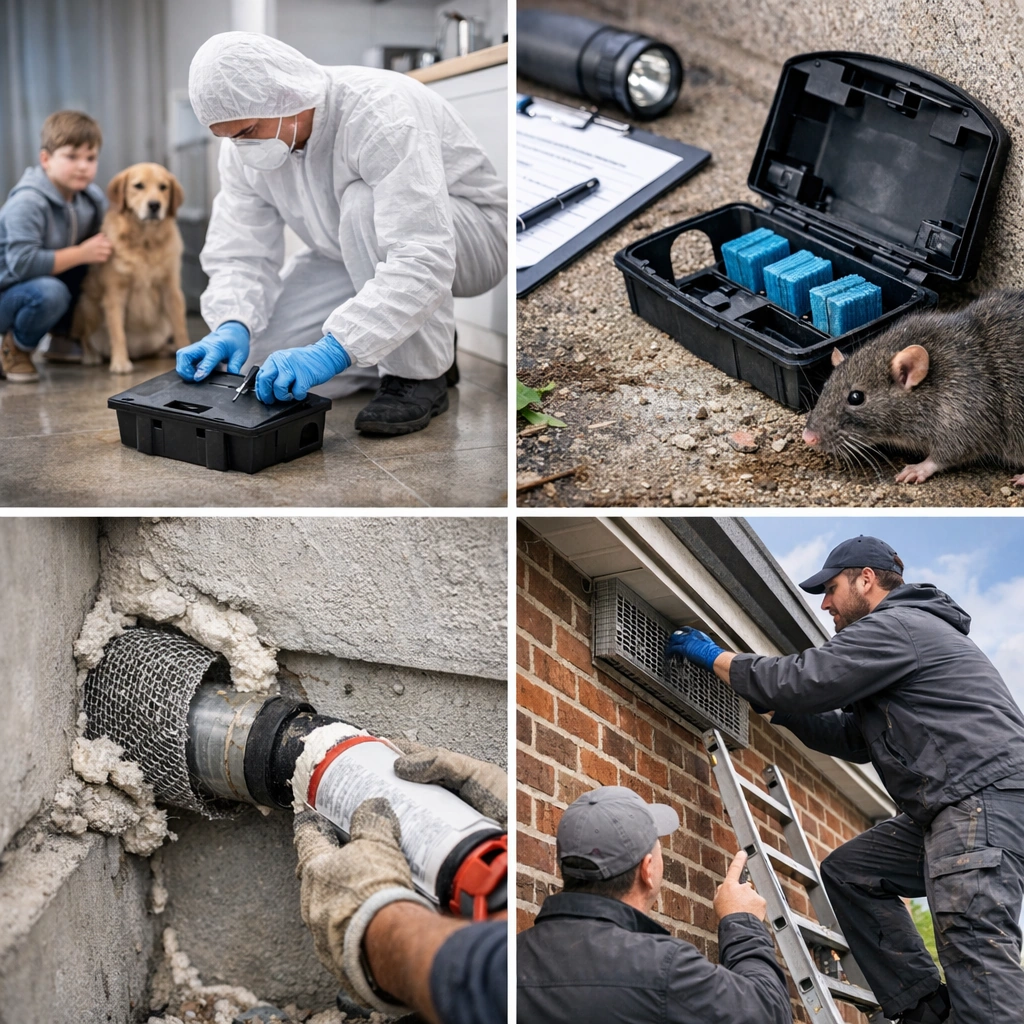 Makos Pest Control – Realizacja: Zwalczanie szczurów. Technik w odzieży ochronnej montuje zabezpieczoną stację deratyzacyjną w domu; obok widać kontrolowane przynęty w stacji, uszczelnianie szczeliny przy instalacji oraz montaż siatki zabezpieczającej na kratce wentylacyjnej.