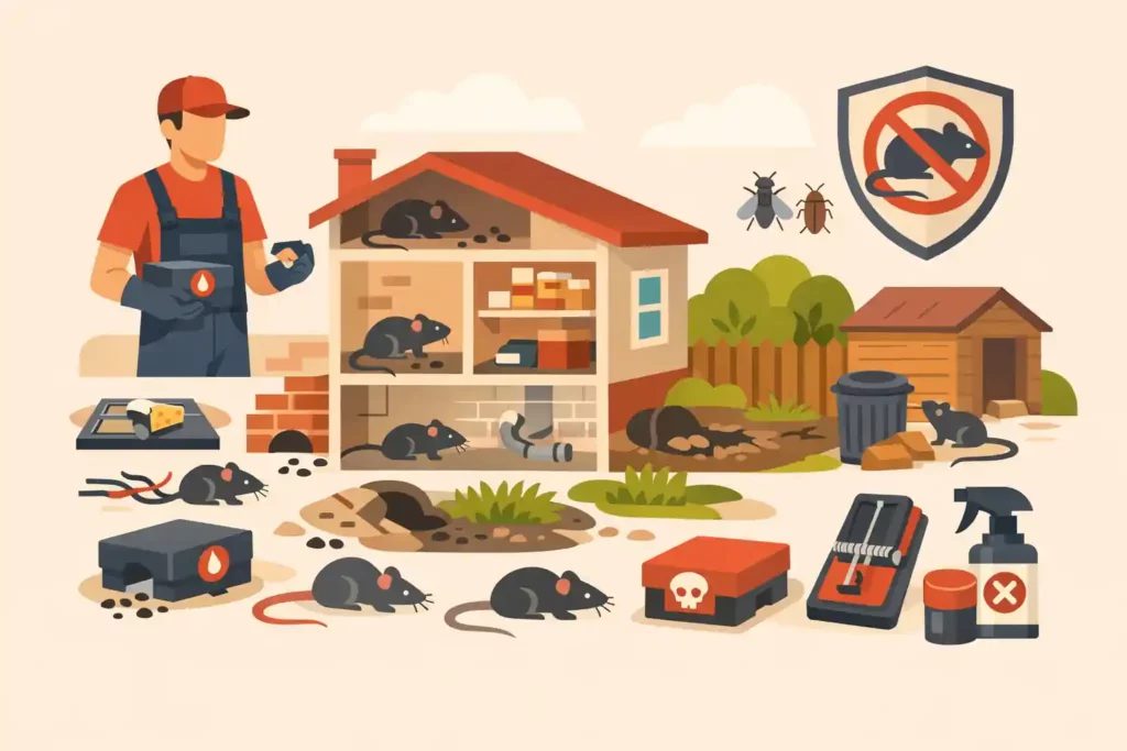 Makos Pest Control – firma deratyzacyjna, ilustracja deratyzacji bez napisów z technikiem, pułapkami i gryzoniami wokół budynku