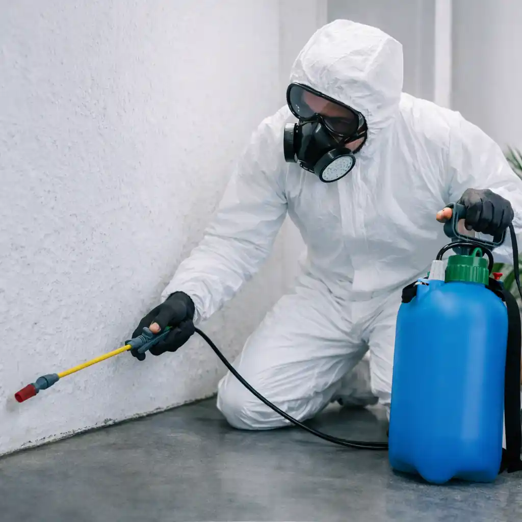 Technik wykonujący oprysk przy ścianie – profesjonalna dezynsekcja Makos Pest Control