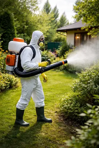 Makos pest control opryskuje ogród zwalczając plage komarów