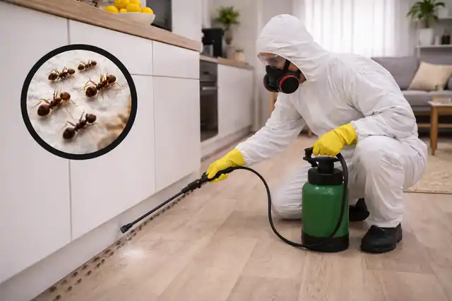 Technik Makos pest Control pozbywający sie owadów z kuchni